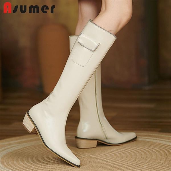 

boots asumer 2021 western women genuine leather shoes zip fashion riding thick heels winter knee high lady, Black