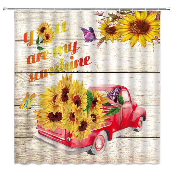 

farm flower shower curtain 'you are my sunshine' letters with pickup truck sunflower butterfly on wooden decor vibrant warm