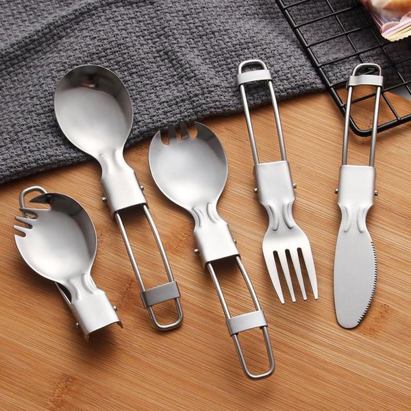 

dinnerware sets portable folding spoon salad fork half outdoor camping travel picnic foldable 304 stainless steel tableware