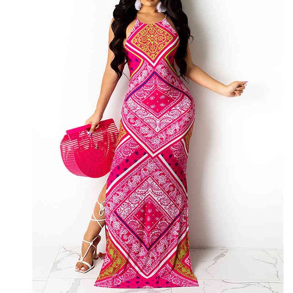 

vintage ethnic printed slit maxi dress evening party long sling dresses vestidos 210521, Black;gray
