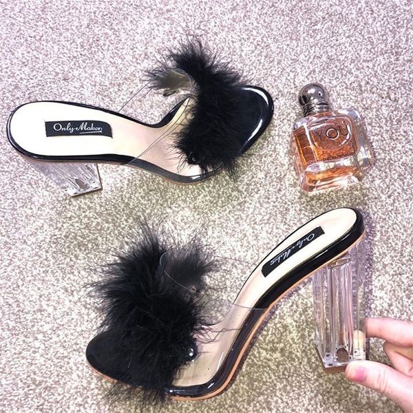 

sandals women's fashion black fur slip-on sandals clear square heel pvc shoes for summer