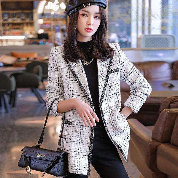 

women's suits & blazers jacket fashion pocket plaid coat ol styles fall winter thicken for women business work blazer outwear, White;black