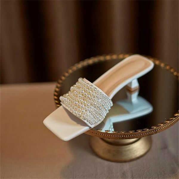 

summer ladies high heel slippers pearl chain decoration square toe stiletto fashion party, Black