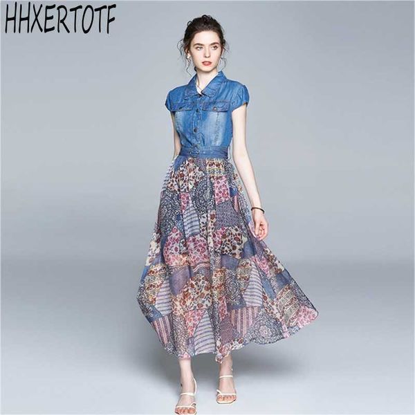 

summer fashion women elegant denim dress vintage chiffon print designer dresses vestidos 210531, Black;gray