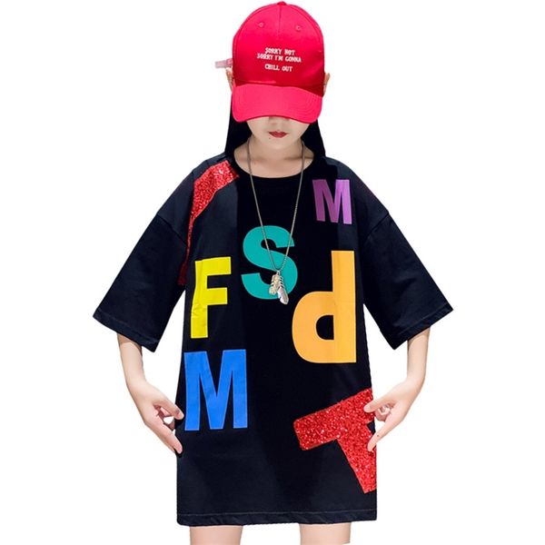 

child long t-shirts letter sequin girl casual style kids summer girls'clothes 6 8 10 12 14 210528, Blue