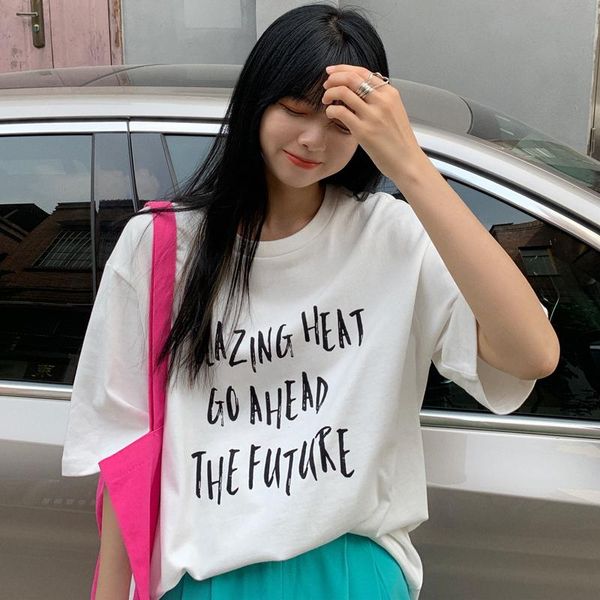 

summer students retro letter printed short sleeve t-shirt women loose hong kong flavor half long coat women's, White