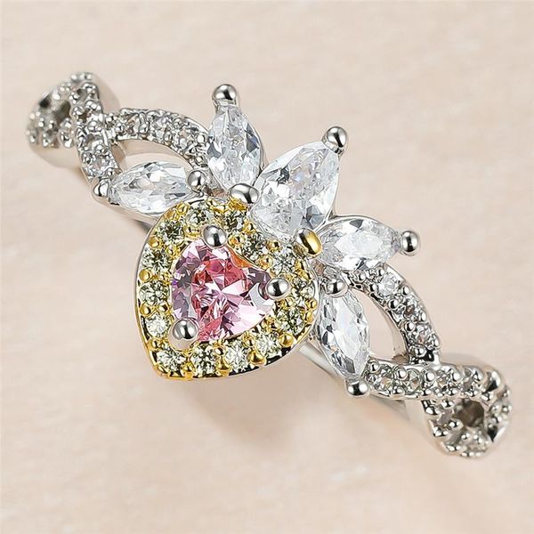 

luxury female white pink yellow heart crystal ring silver color wedding rings for women cute bride queen crown engagement, Slivery;golden