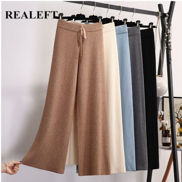 

casual knitting women's wide-legged pants high waist trousers straight wool leggings female 210428, Black;white