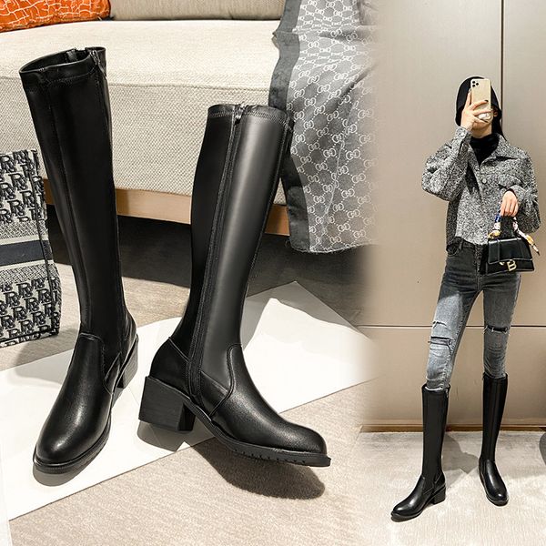 

long 2021 women's high tube thick bottom ls than knee show thin knight motorcycle boots martin boot, Black