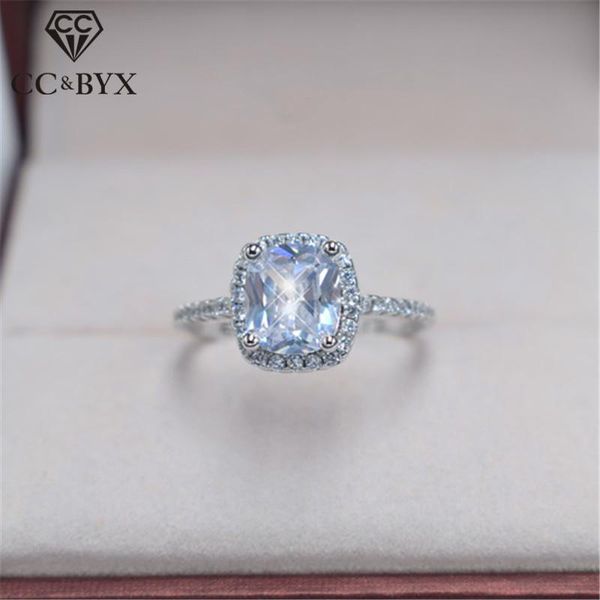 

cluster rings trendy for women 925 silver cubic zirconi rectangle stone bridal wedding bijoux femme engagement ring anillos 595, Golden;silver