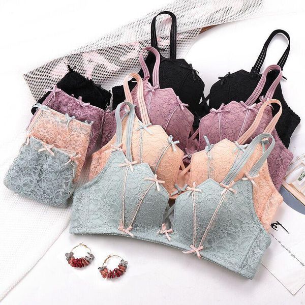 

bras sets women underwear set lace embroidery flowers bra wire-comfortable lingerie lovely pink bow push up and panties, Red;black