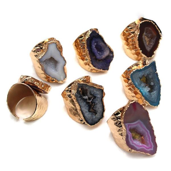 

cluster rings women color rough stone druzy ring crystal quartz geode open adjusted hole design gold inlaid unique, Golden;silver
