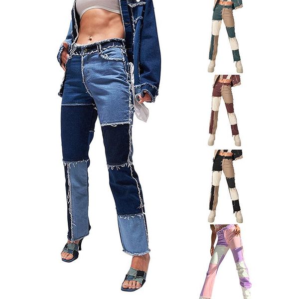 

women's jeans patchwork baggy woman mom pants khaki vintage high waist boyfriend girls straight trouser streetwear y2k 90s female, Blue