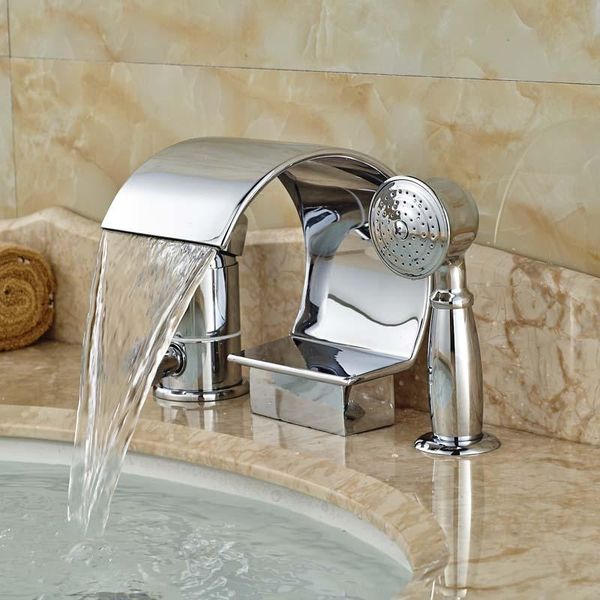 

polished chrome waterfall spout brass bathtub mixer faucet single handle roman tub filler with handshower bathroom shower sets
