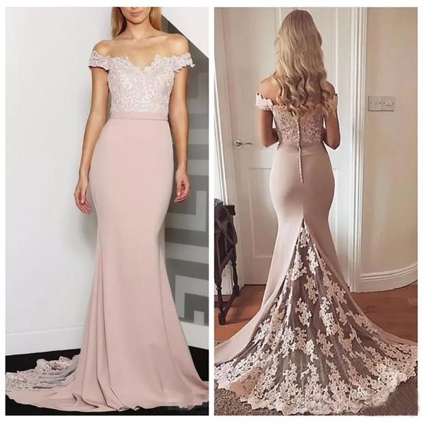 

2021 off shoulder slim mermaid bridesmaids dresses lace appliques plus size formal maid of honor gowns custom online vestidos de bridesmaids, White;pink