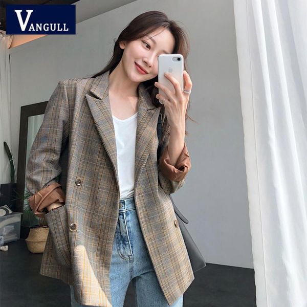 

vangull vintage plaid double breasted blazers women spring oversized long sleeve grid female suit coat casual jacket outwear women's su, White;black