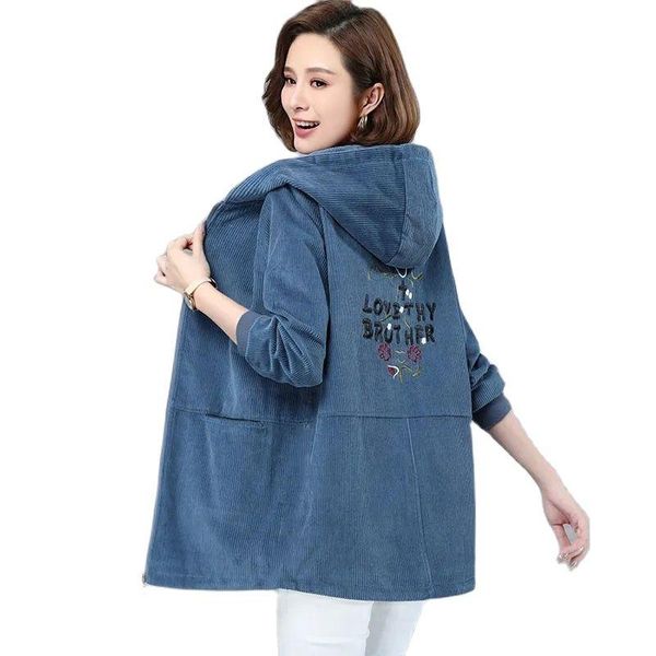

women's jackets corduroy coat embroidered mid-length spring autumn 2021 large size loose middle-aged mother all-match ladies jacket, Black;brown