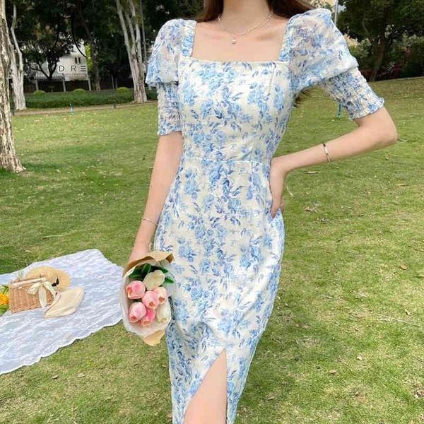 

casual kawaii korean fairy boho dress summer french vintage floral women designer elegant split party midi 210517, Black;gray