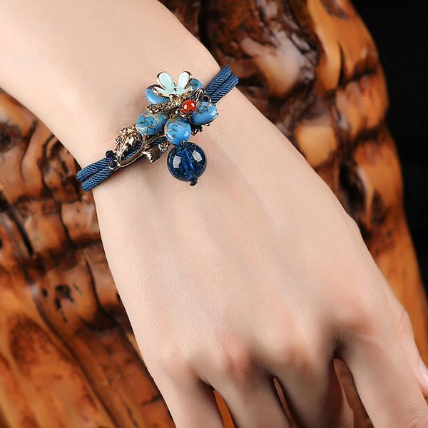 

china style ethnic blue rope belt bracelets for women men couple original charm flower chain bracelet bangles gift, Golden;silver