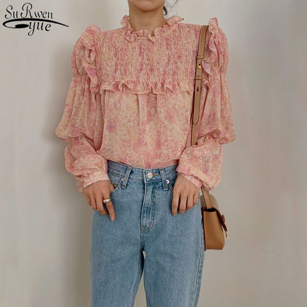 

for women fashion korean long sleeve printed blouse ruffled puff sweet shirt female ropa mujer 13477 210427, White