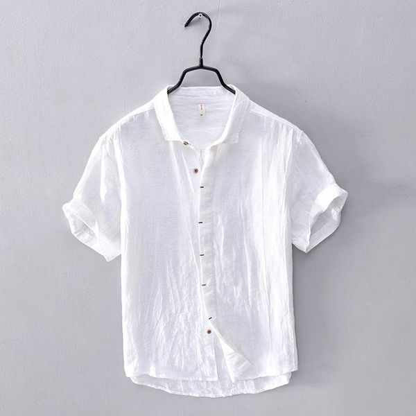 

men's casual shirts 2021 summer linen shirt short sleeve fashion breathable for men solid white mens chemise camiseta, White;black