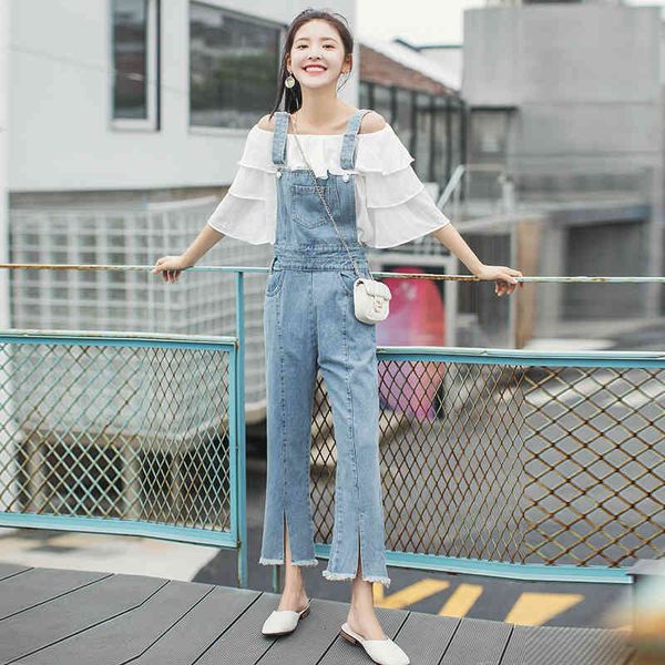 

jeans overalls and a one-line shoulder suit, Blue