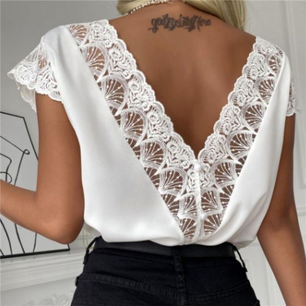 

women's blouses & shirts women lace short fashion loose blouse sleeve casual vintage v-neck solid color clothes for feminina 2021, White