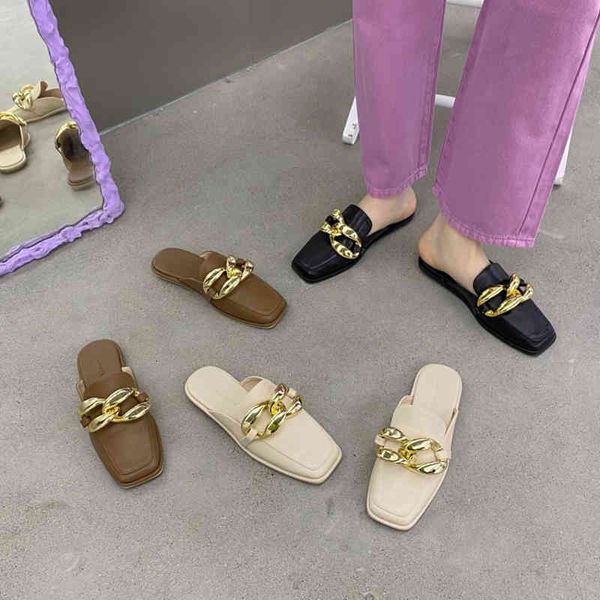 

slippers fashion women sandals square toe slip on metal chain flats heeled comfortable soft sole beach shoes outdoor hd64, Black