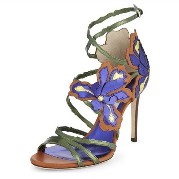 

dress shoes mixed colors iris purple flower women sandals leather ankle strap narrow band floral thin heel gladdon 2021, Black
