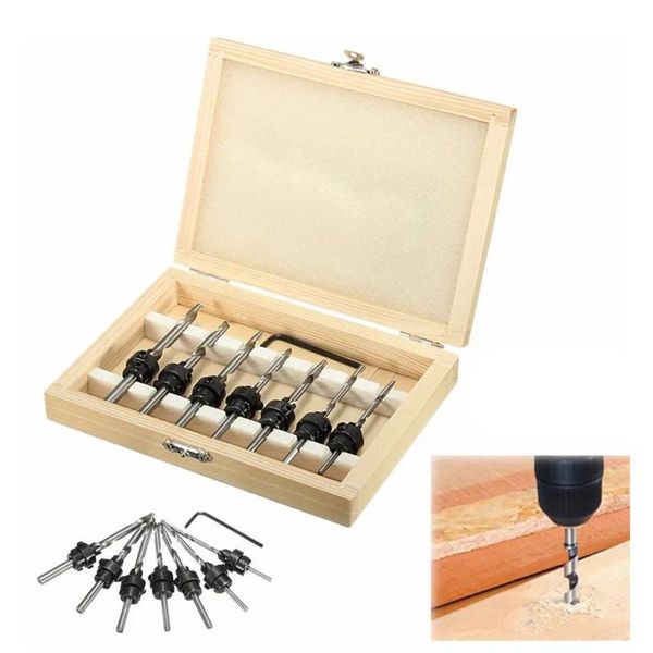 

professional drill bits 7pcs hss countersink bit set tapered adjustable scollar wood hole screw kit for woodworking with 1pc hex wrench