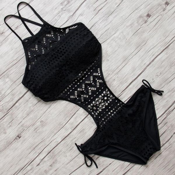 

women's swimwear one piece swimsuit backless halter beach crochet bikini bathing suit 2021 black swimming for women, White;black