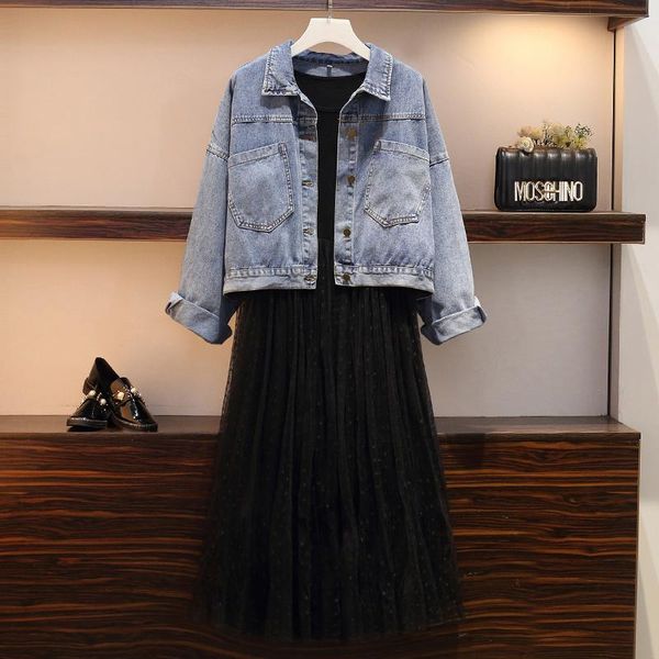 

two piece dress large size l -5xl 2021 spring fashion wild denim jacket + mesh gown skirt two-piece suit, White