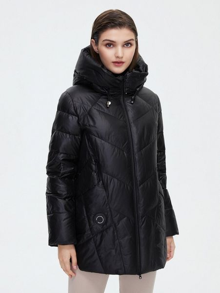 

zip up drawstring dual pocket patched hooded winter coat b692#, Black