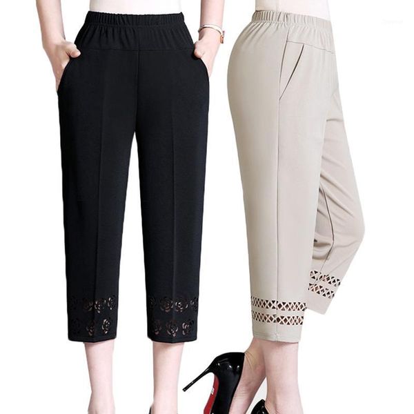 

women's pants & capris summer women thin cropped elastic high waist straight hollow loose plus size 5xl middle-aged female casual, Black;white