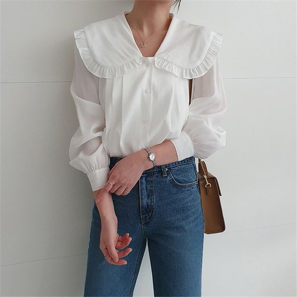 

white ruffles pleated sweet loose streetwear summer fashion outwear arrival all match full sleeves shirts 210421