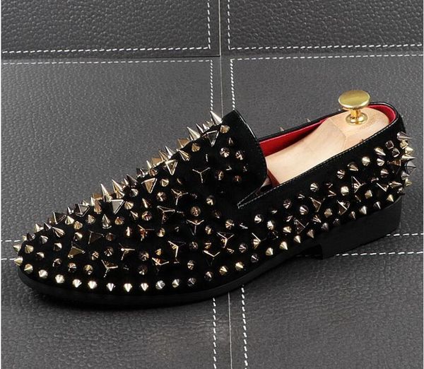 

dress shoes luxury shiny gold spiked rivets loafers men casual flat bling sequins wedding flats slip on leather, Black