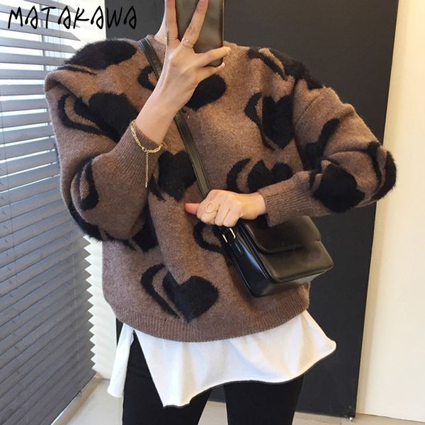 

matakawa retro round neck sweaters pullover loose heavy industry three-dimensional love core yarn long sleeve warm sweater women 210513, White;black