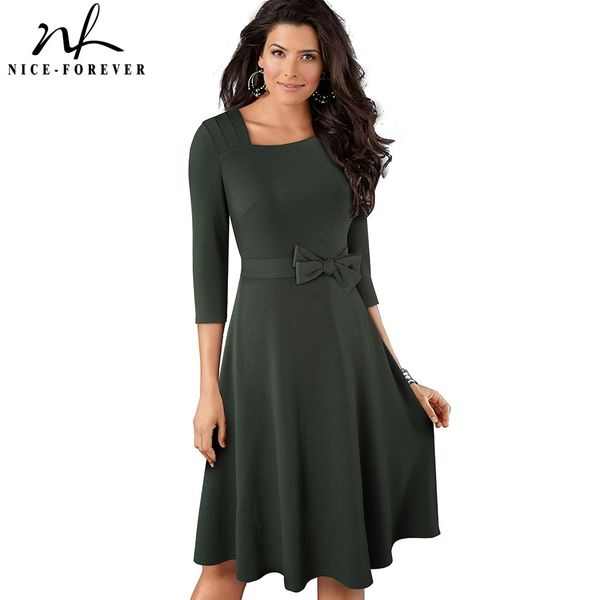 

nice-forever autumn retro pure color with bow a-line dresses formal party flared swing women dress a230 210419, White