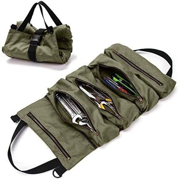 

storage boxes & bins tool roll wrench bag heavy duty canvas tools pouch with 5 zipper pockets rolling organizer for car