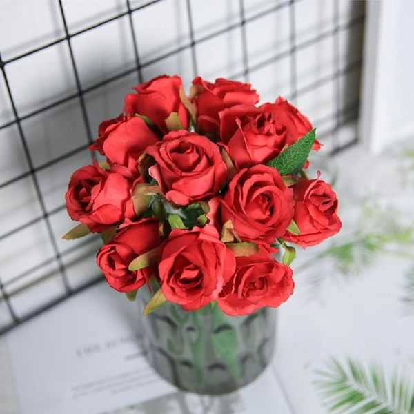

one bundle 12 head red roses artificial flower bouquet wedding centerpieces decor bride bridesmaid holding flowers decorative & wreaths