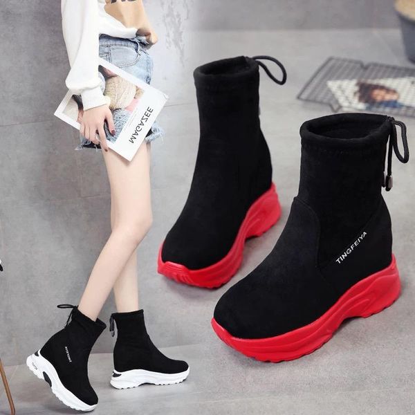 

boots 2021 autumn ankle woman casual elevator wedge platform sneakers suede leather breathable short women winter, Black