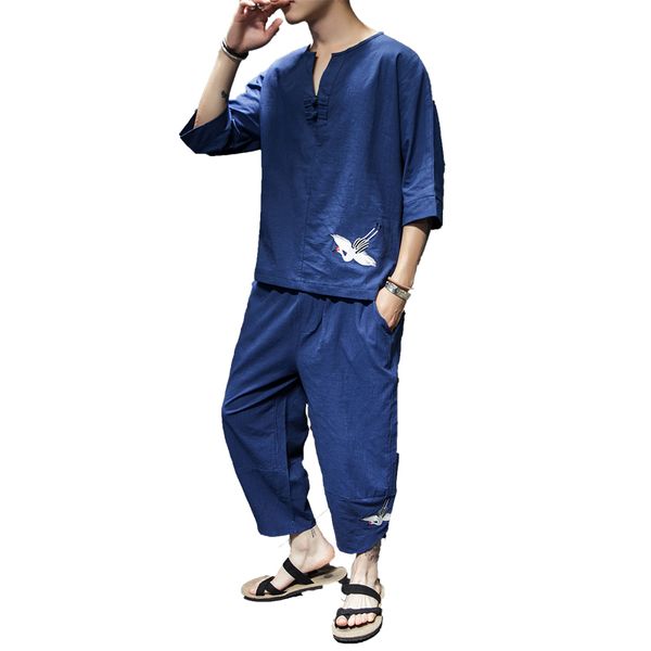 

5XL Plus Size Men Half Sleeve Blouse+Cropped Pants Two Pieces Track Suit Men Summer Streetwear Chinese Clothes Men Big XXXXXL, Black