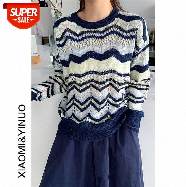 

[ou fan] 7543 geometric pattern hit color hollow pullover sweater women korean loose knit #iu08, Black;gray