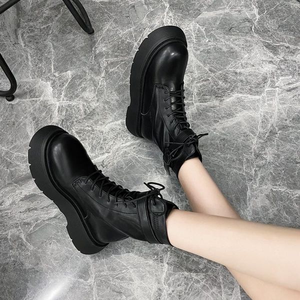 

boots pamanni round toe women ankle platform lace-up square heel soft female shoes punk shallow buckle strap woman boot, Black