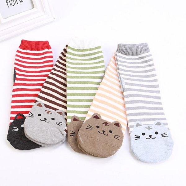 

socks cartoon straight for women striped cat cotton kitten, Pink;yellow