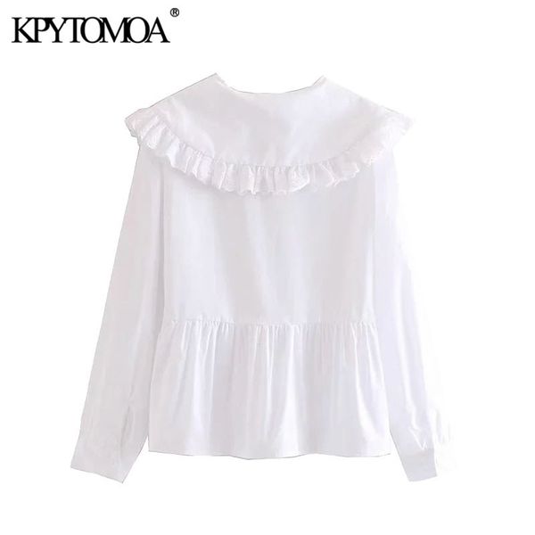 

kpytomoa women 2021 sweet fashion with peter pan collar ruffled blouses vintage long sleeve button-up female shirts chic, White