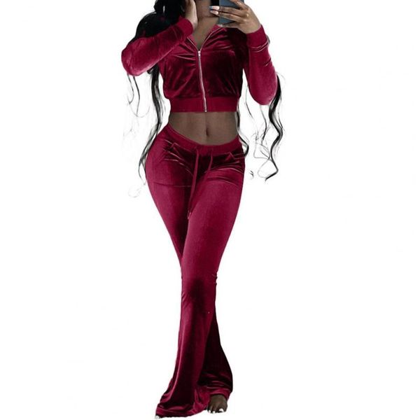

women's two piece pants exposed navel sporty outfit solid color tracksuit zipper closure sweatshirt flare set gym clothing 2 sets, White