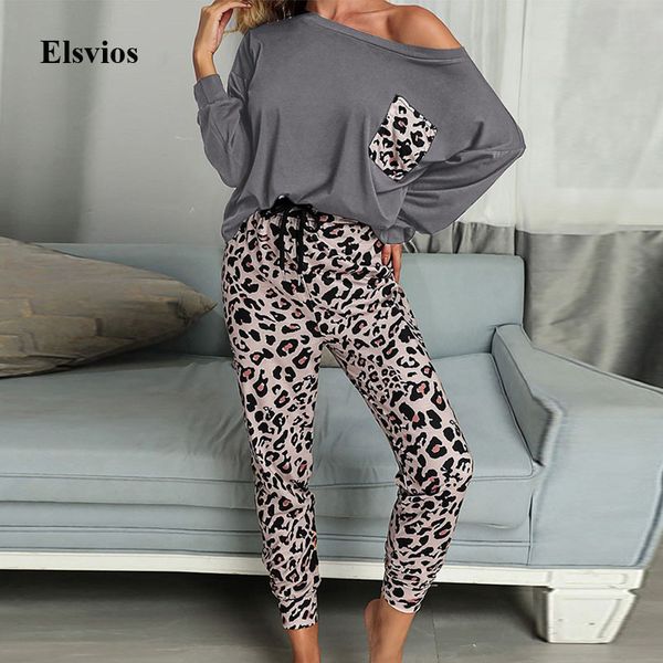 

women's tracksuits women sets homewear casual off shoulder t shirt +leopard pants pajama suit 2021 spring autumn drawstring lo, Gray