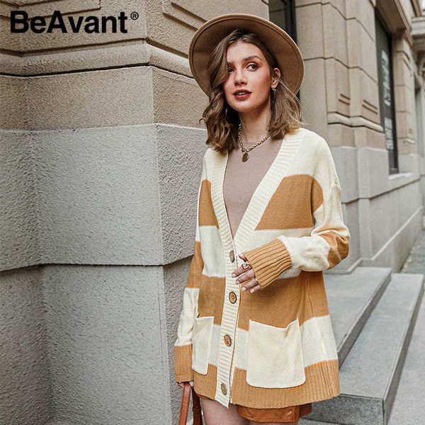 

beavant vintage striped knitted cardigan women autumn winter long sweater female casual pockets loose lady yellow cardigans 210709, White;black