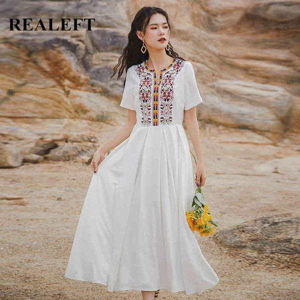 

women embroidery bohemian dress elegant v-neck high waist short sleeve slim white a-line dresses female 210428, Black;gray